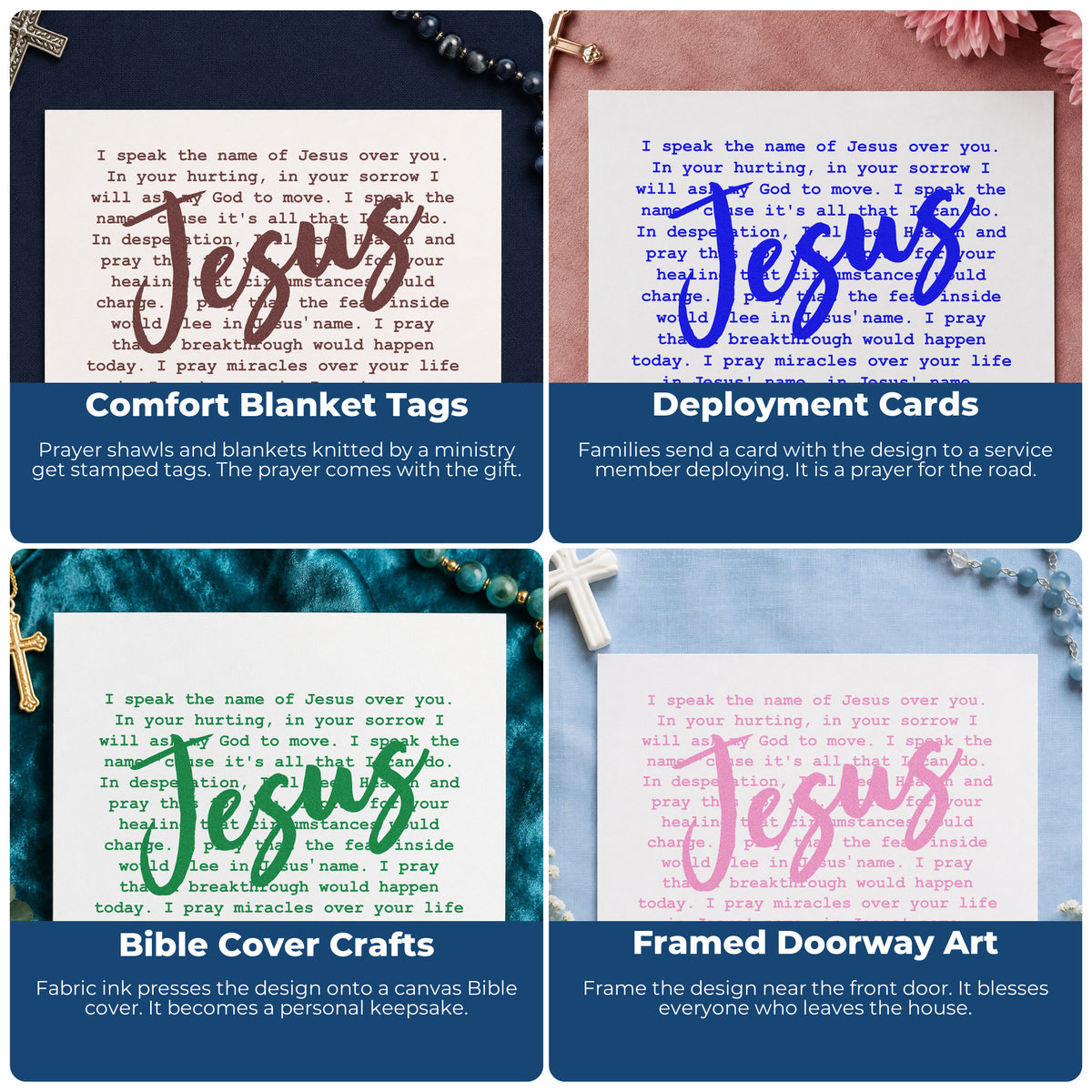 Four ways to use the I Speak The Name Of Jesus Over You Self-Inking Stamp: comfort blanket tags, deployment cards, bible cover crafts and framed doorway art.
