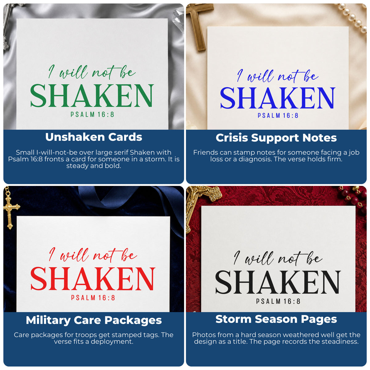 Four ways to use the I Will Not Be Shaken Hand Stamp – Duo: unshaken cards, crisis support notes, military care packages and storm season pages.