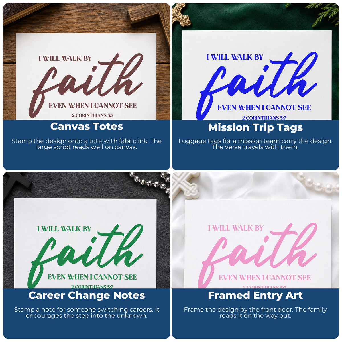 Four ways to use the Walk By Faith Even When I Cannot See Frame Accent Stamp – Wood Handle: canvas totes, mission trip tags, career change notes and framed entry art.