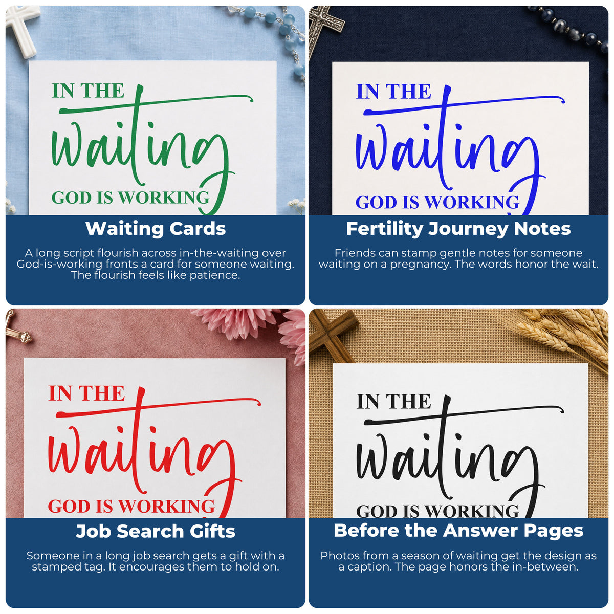 Four ways to use the In The Waiting God Is Working Flourish Stamp – Self-Inking: waiting cards, fertility journey notes, job search gifts and before the answer pages.