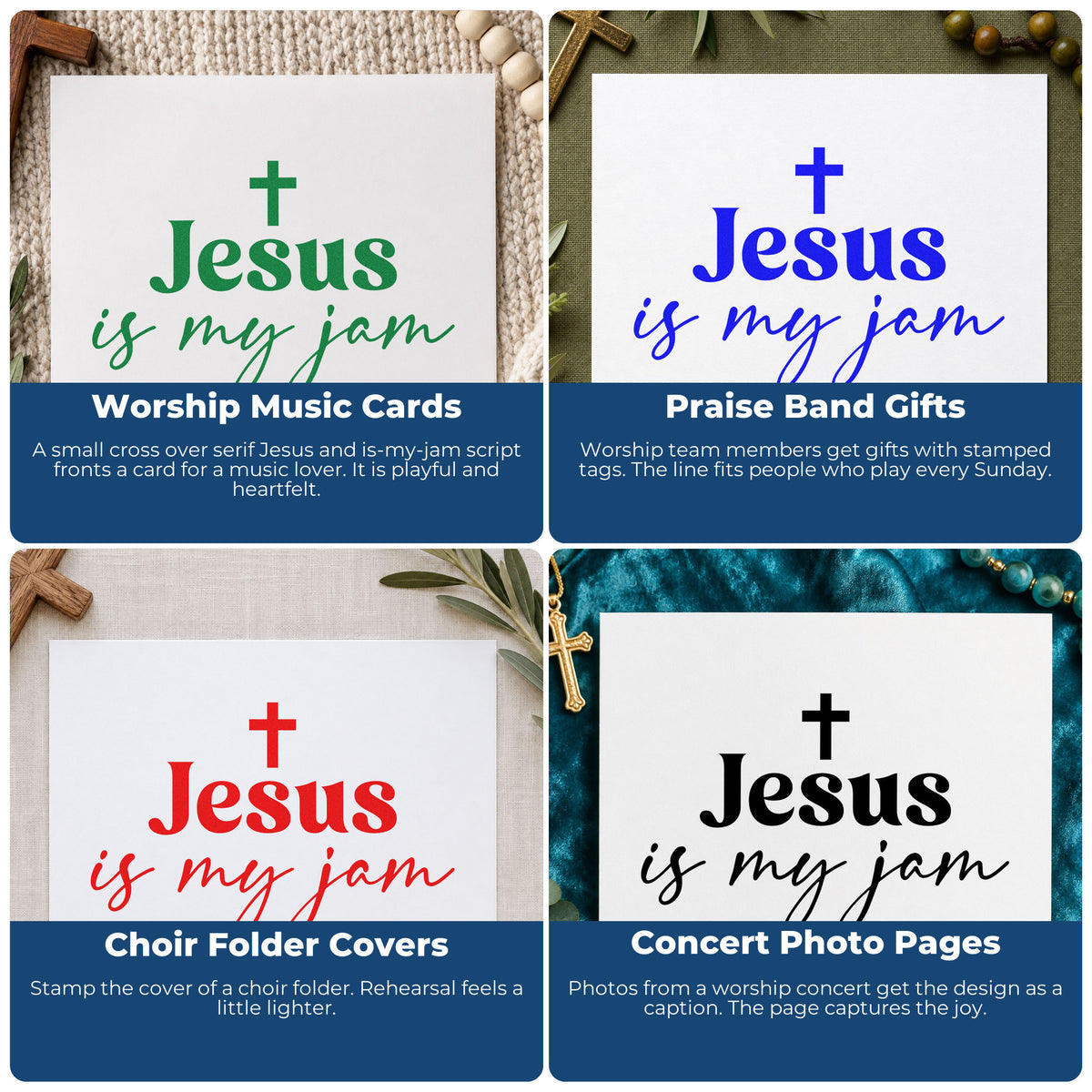 Four ways to use the Jesus Is My Jam Script Lettering Wood Handle Stamp: worship music cards, praise band gifts, choir folder covers and concert photo pages.