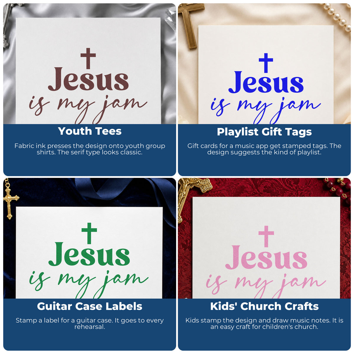 Four ways to use the Jesus Is My Jam Script Lettering Rubber Stamp – Duo Hand: youth tees, playlist gift tags, guitar case labels and kids' church crafts.