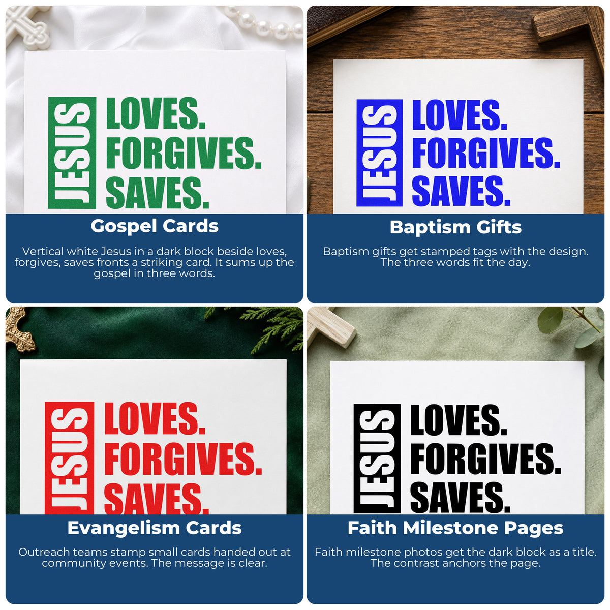 Four ways to use the Jesus Loves Forgives Saves PSI Pre-Inked Stamp: gospel cards, baptism gifts, evangelism cards and faith milestone pages.