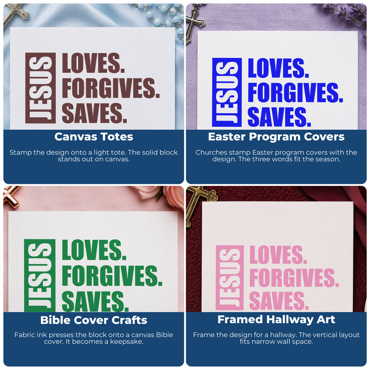 Four ways to use the Jesus Loves Forgives Saves Self-Inking Stamp: canvas totes, easter program covers, bible cover crafts and framed hallway art.