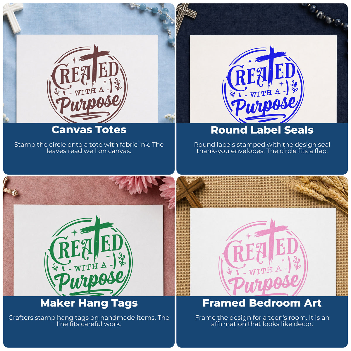 Four ways to use the Created With A Purpose Painted-Style Cross Rubber Stamp – Wood Handle: canvas totes, round label seals, maker hang tags and framed bedroom art.