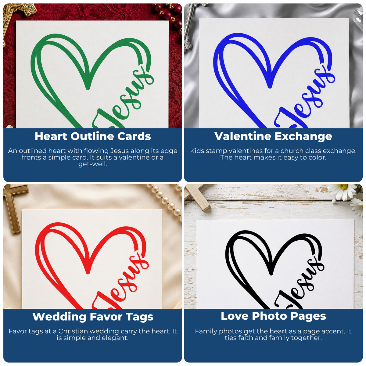 Four ways to use the Jesus Heart Outline Stamp – Self-Inking: heart outline cards, valentine exchange, wedding favor tags and love photo pages.