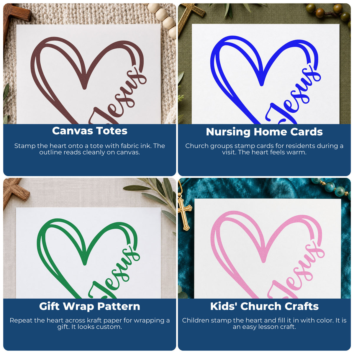 Four ways to use the Jesus Heart Outline Stamp – Self-Inking: canvas totes, nursing home cards, gift wrap pattern and kids' church crafts.