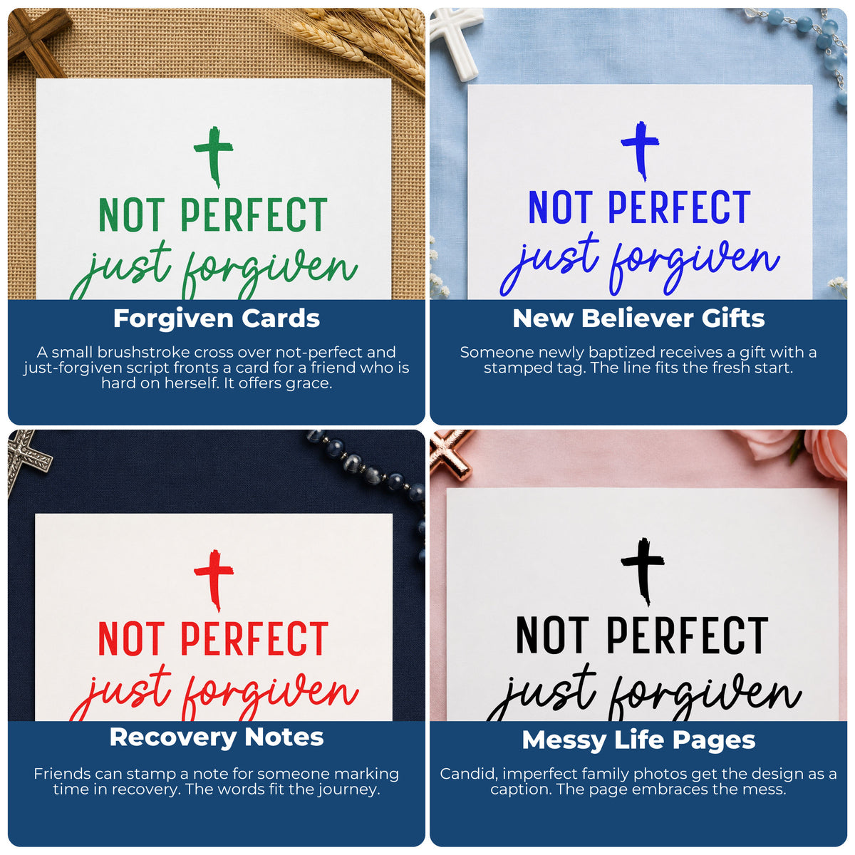 Four ways to use the Not Perfect Just Forgiven Cross Rubber Stamp – Wood Handle: forgiven cards, new believer gifts, recovery notes and messy life pages.
