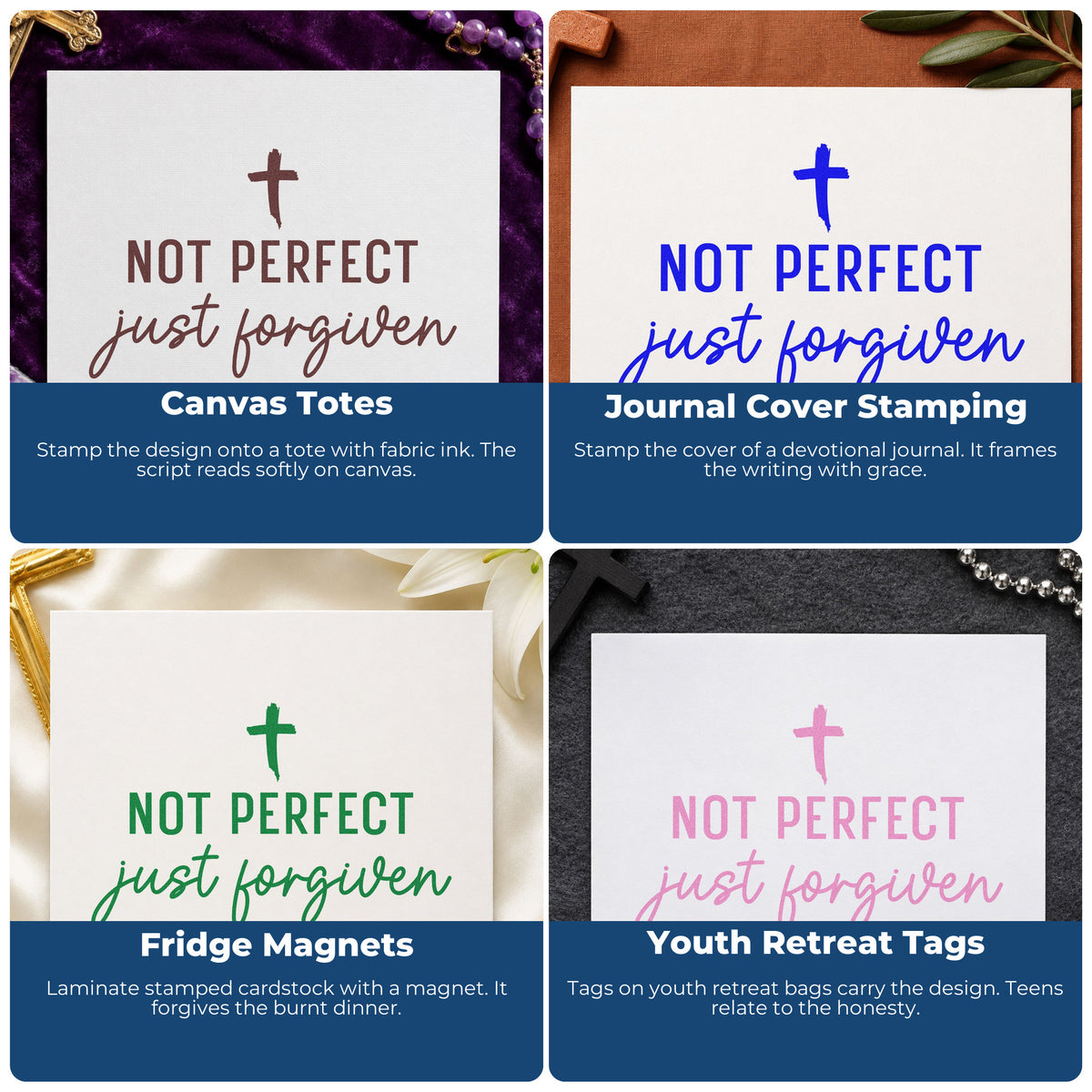 Four ways to use the Not Perfect Just Forgiven Cross Rubber Stamp – Wood Handle: canvas totes, journal cover stamping, fridge magnets and youth retreat tags.