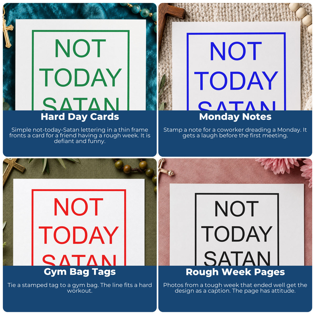 Four ways to use the Not Today Satan Framed Lettering Rubber Stamp – Duo Hand: hard day cards, monday notes, gym bag tags and rough week pages.