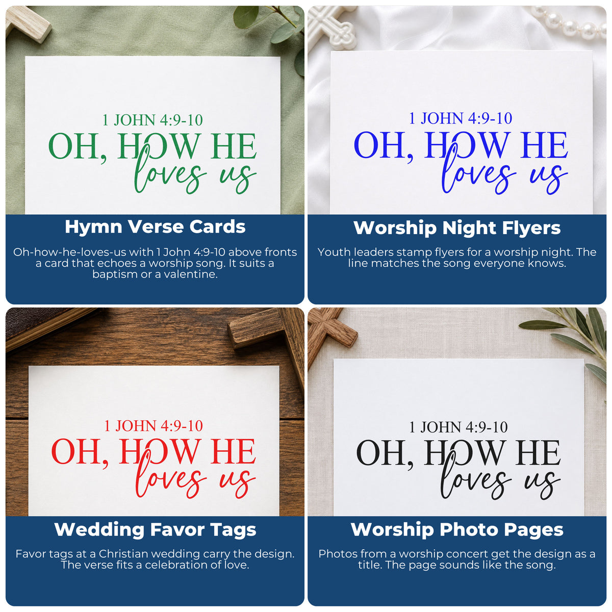 Four ways to use the Oh How He Loves Us Rubber Stamp – Wood Handle: hymn verse cards, worship night flyers, wedding favor tags and worship photo pages.