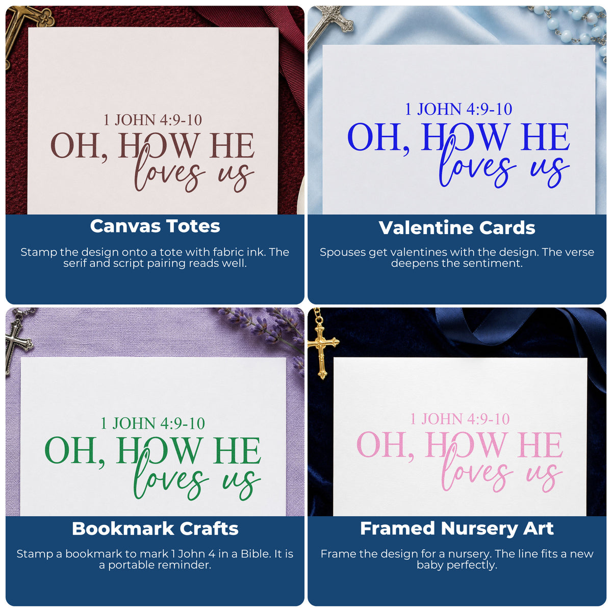 Four ways to use the Oh How He Loves Us Craft Stamp – Self-Inking: canvas totes, valentine cards, bookmark crafts and framed nursery art.