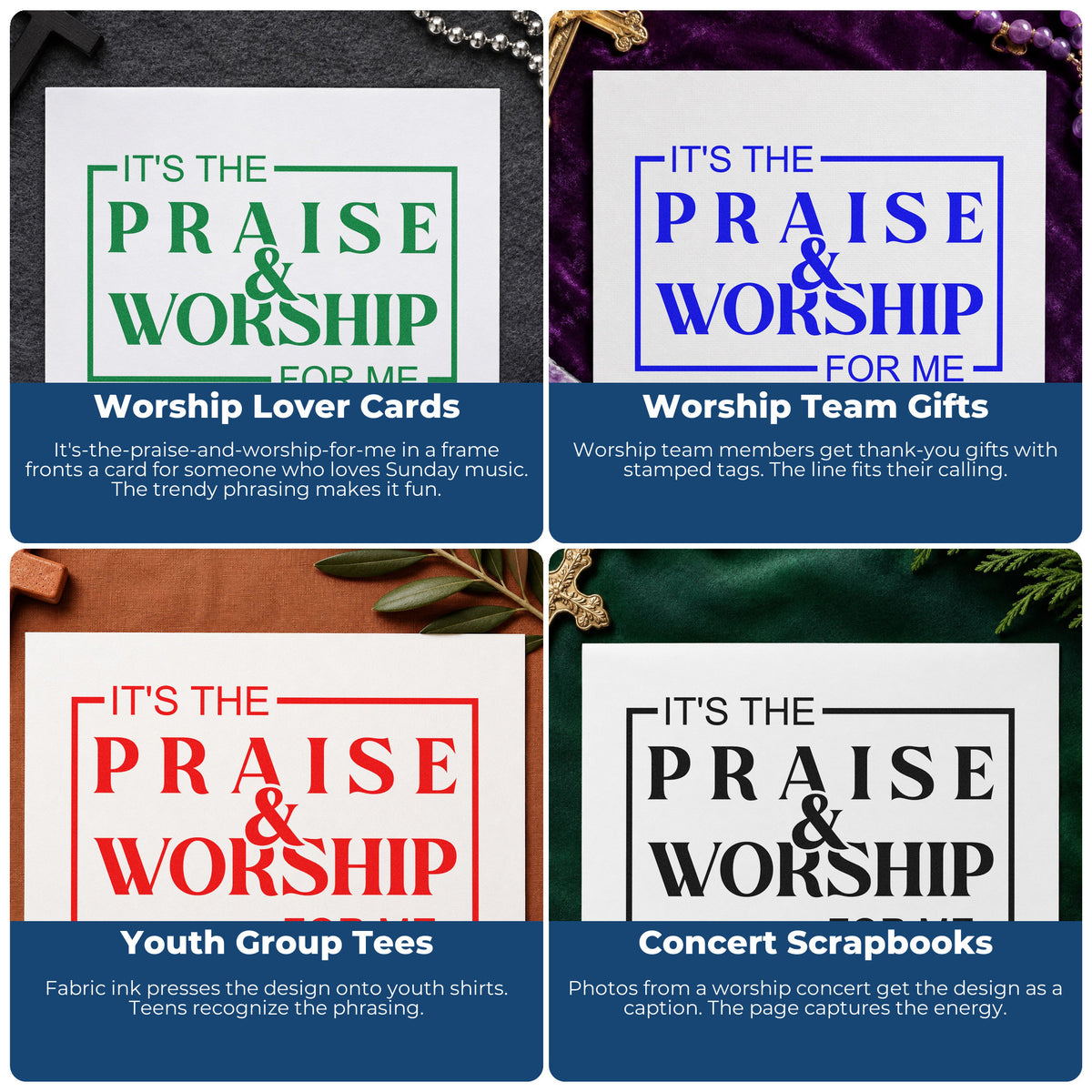 Four ways to use the Praise And Worship Self-Inking Stamp: worship lover cards, worship team gifts, youth group tees and concert scrapbooks.