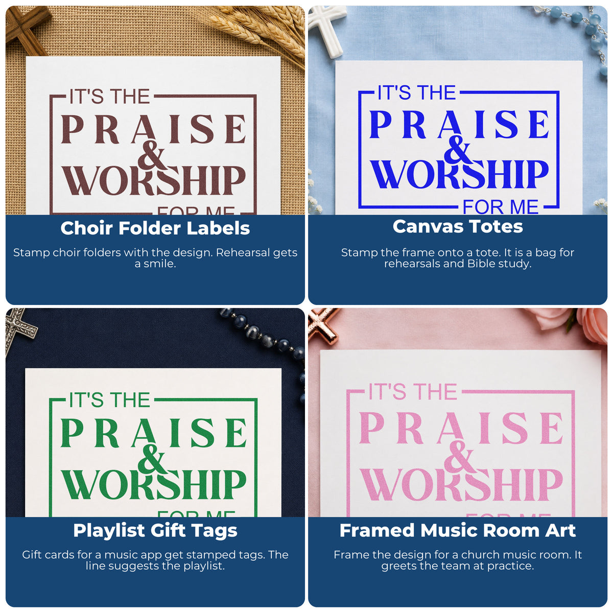 Four ways to use the Praise And Worship Self-Inking Stamp: choir folder labels, canvas totes, playlist gift tags and framed music room art.