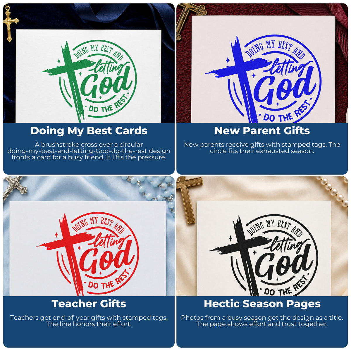 Four ways to use the Doing My Best Letting God Wood Handle Stamp: doing my best cards, new parent gifts, teacher gifts and hectic season pages.