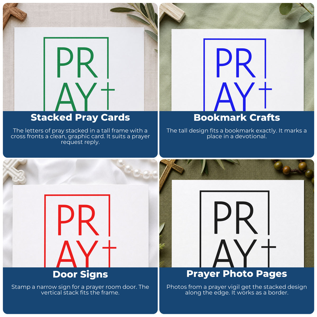 Four ways to use the Pray Minimal Cross Rubber Stamp – Duo Hand: stacked pray cards, bookmark crafts, door signs and prayer photo pages.