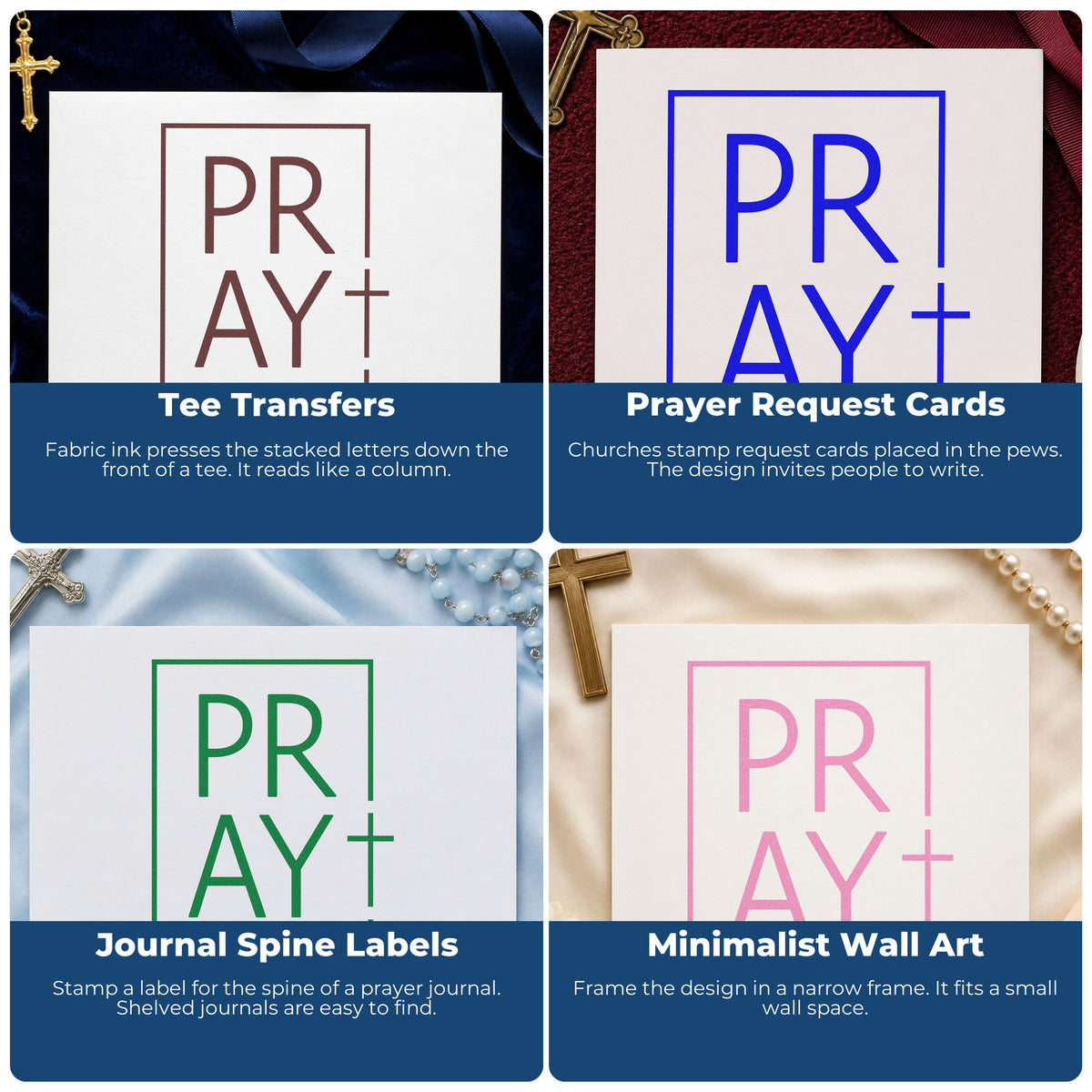 Four ways to use the Pray Minimal Cross Rubber Stamp – Duo Hand: tee transfers, prayer request cards, journal spine labels and minimalist wall art.