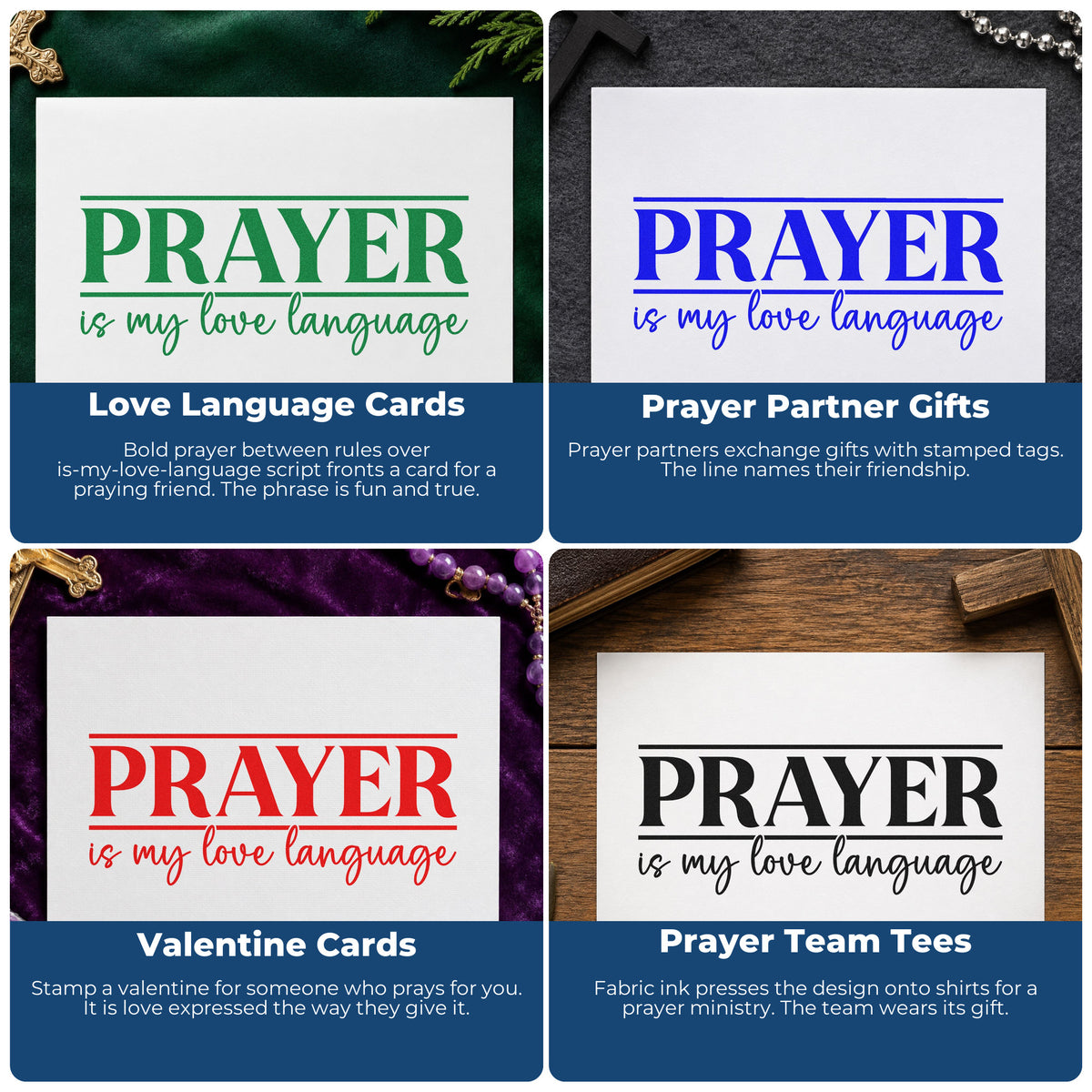 Four ways to use the Prayer Is My Love Language Frame Accent Self-Inking Stamp: love language cards, prayer partner gifts, valentine cards and prayer team tees.