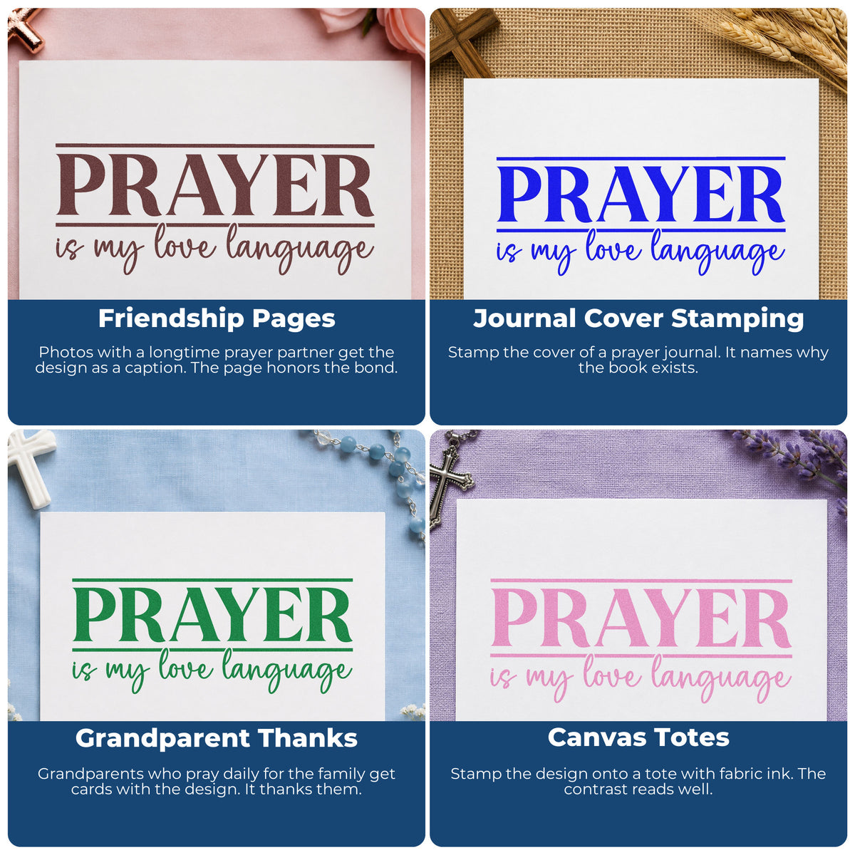 Four ways to use the Prayer Is My Love Language Frame Accent Self-Inking Stamp: friendship pages, journal cover stamping, grandparent thanks and canvas totes.