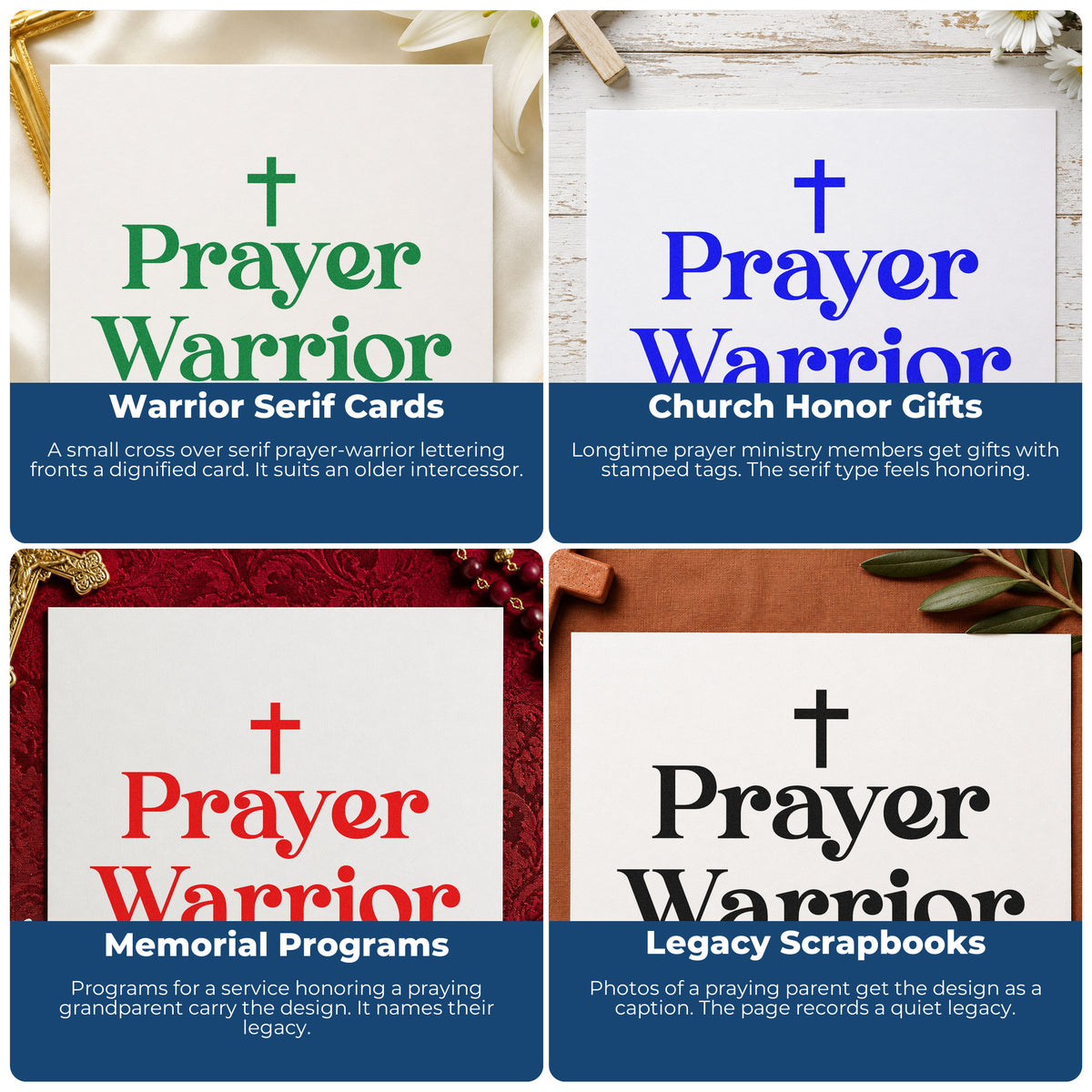 Four ways to use the Prayer Warrior Serif Rubber Stamp – Wood Handle: warrior serif cards, church honor gifts, memorial programs and legacy scrapbooks.