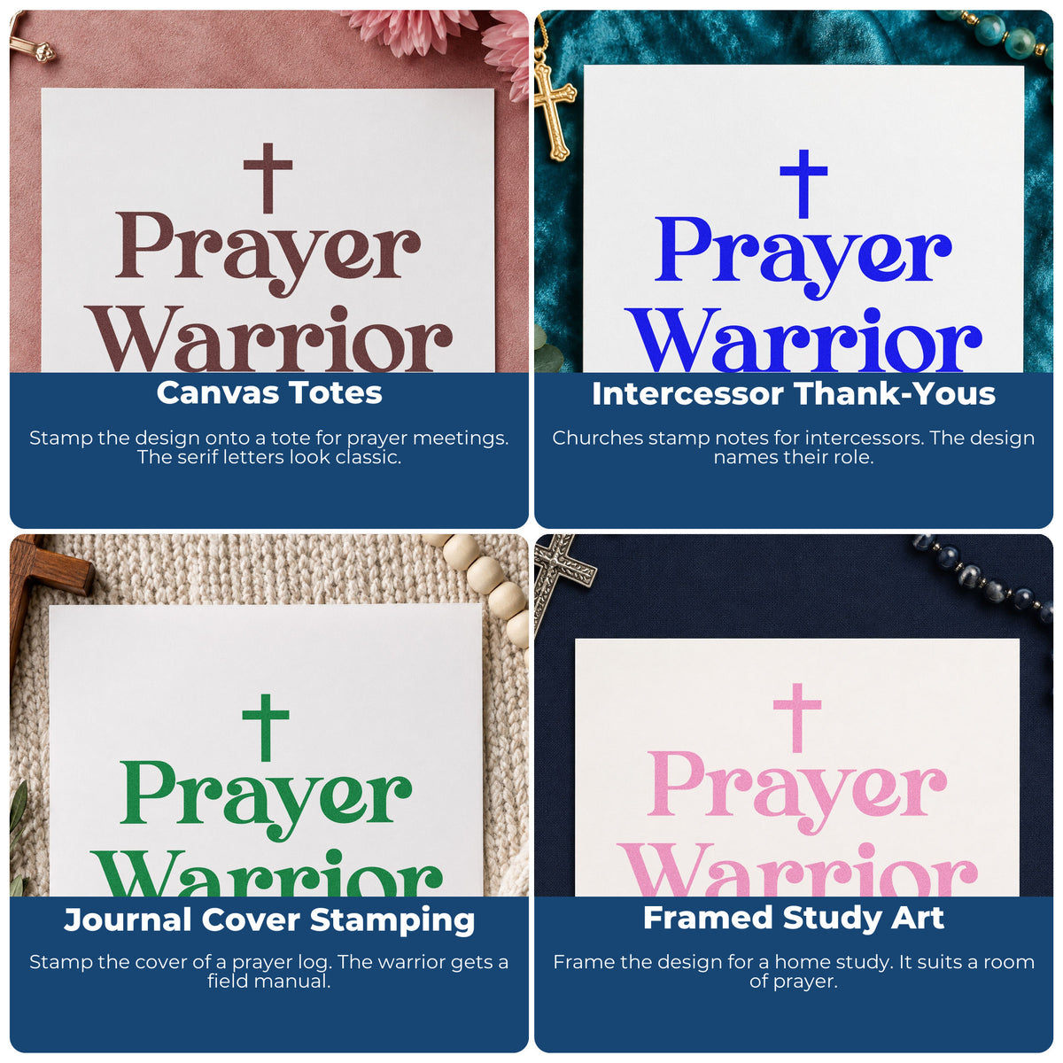 Four ways to use the Prayer Warrior Serif Rubber Stamp – Wood Handle: canvas totes, intercessor thank-yous, journal cover stamping and framed study art.