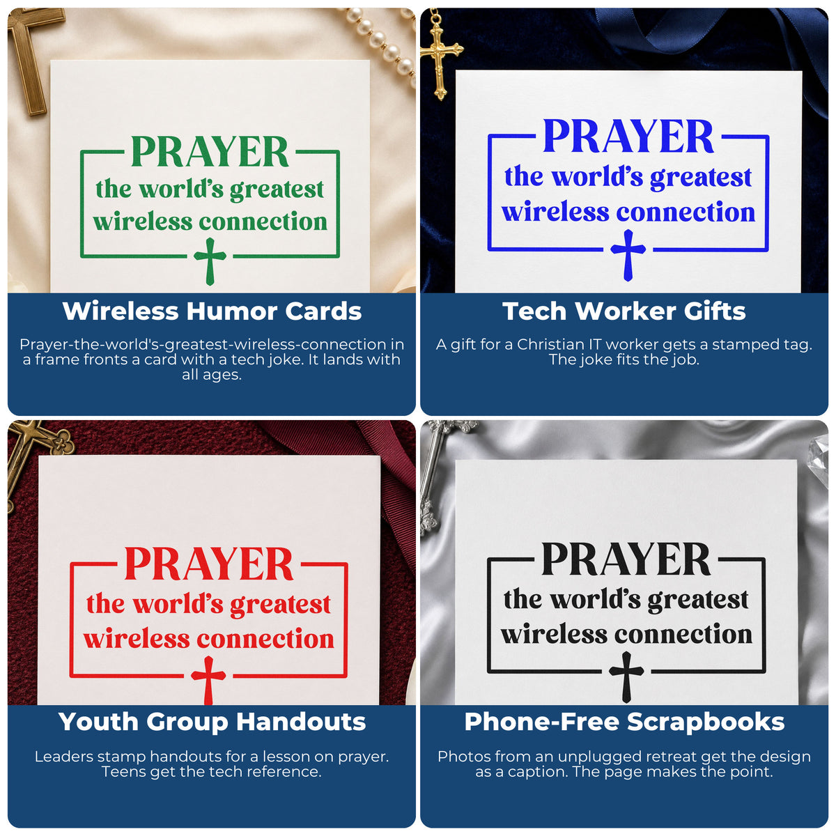 Four ways to use the Prayer Wireless Connection Slim Pre-Inked Stamp: wireless humor cards, tech worker gifts, youth group handouts and phone-free scrapbooks.