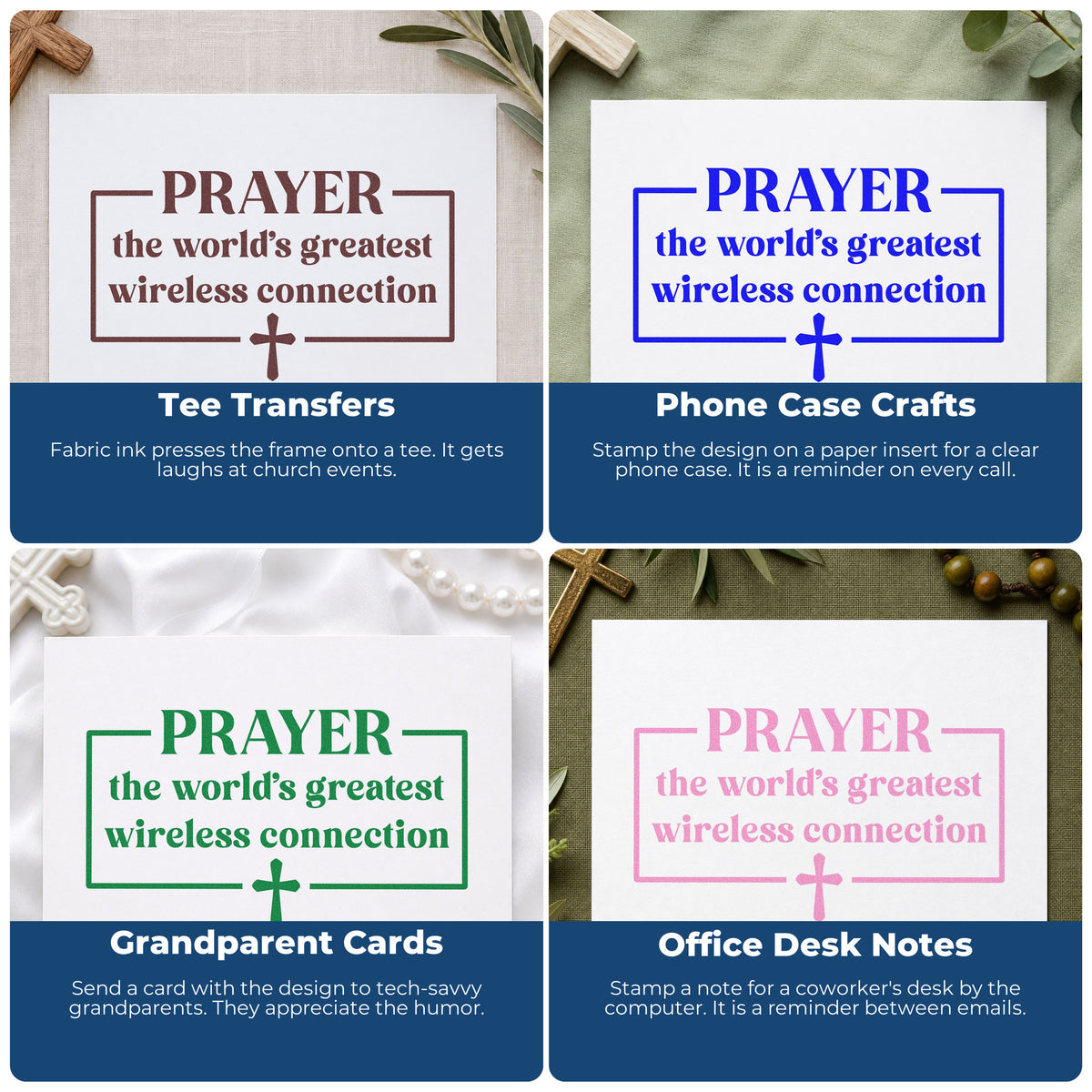 Four ways to use the Prayer Wireless Connection Rubber Stamp – Duo Hand: tee transfers, phone case crafts, grandparent cards and office desk notes.