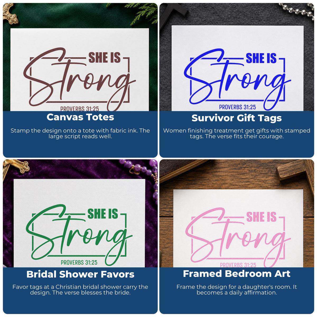 Four ways to use the She Is Strong Script Frame Craft Stamp – Self-Inking: canvas totes, survivor gift tags, bridal shower favors and framed bedroom art.