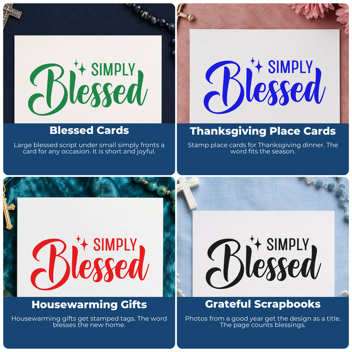 Four ways to use the Simply Blessed With Sparkles Self-Inking Stamp: blessed cards, thanksgiving place cards, housewarming gifts and grateful scrapbooks.