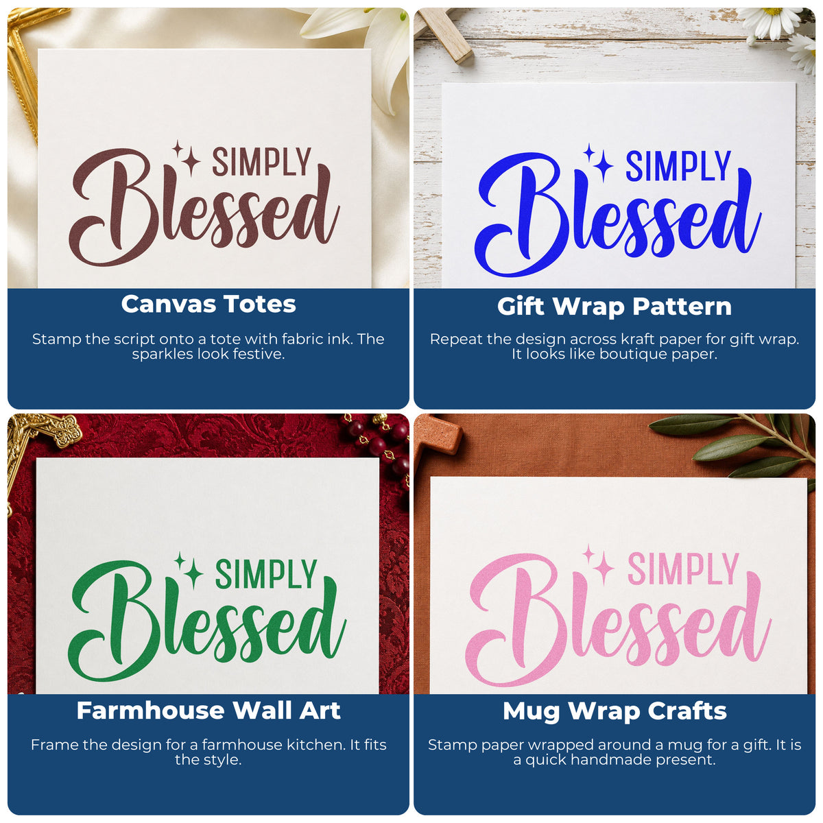Four ways to use the Simply Blessed With Sparkles Rubber Stamp – Duo Hand: canvas totes, gift wrap pattern, farmhouse wall art and mug wrap crafts.