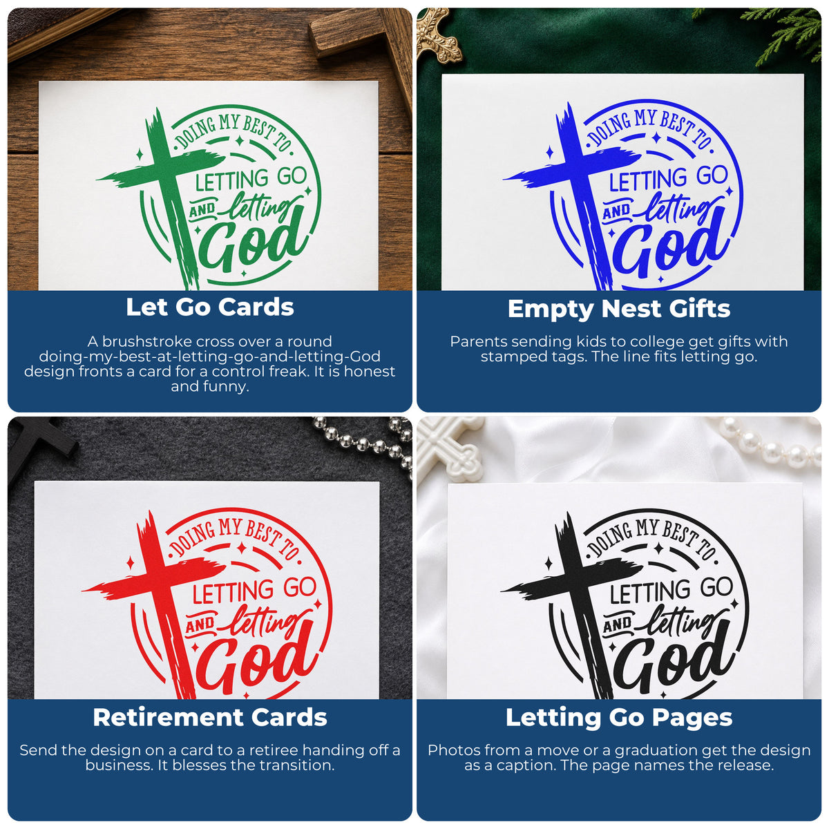 Four ways to use the Letting Go And Letting God Self-Inking Craft Stamp: let go cards, empty nest gifts, retirement cards and letting go pages.