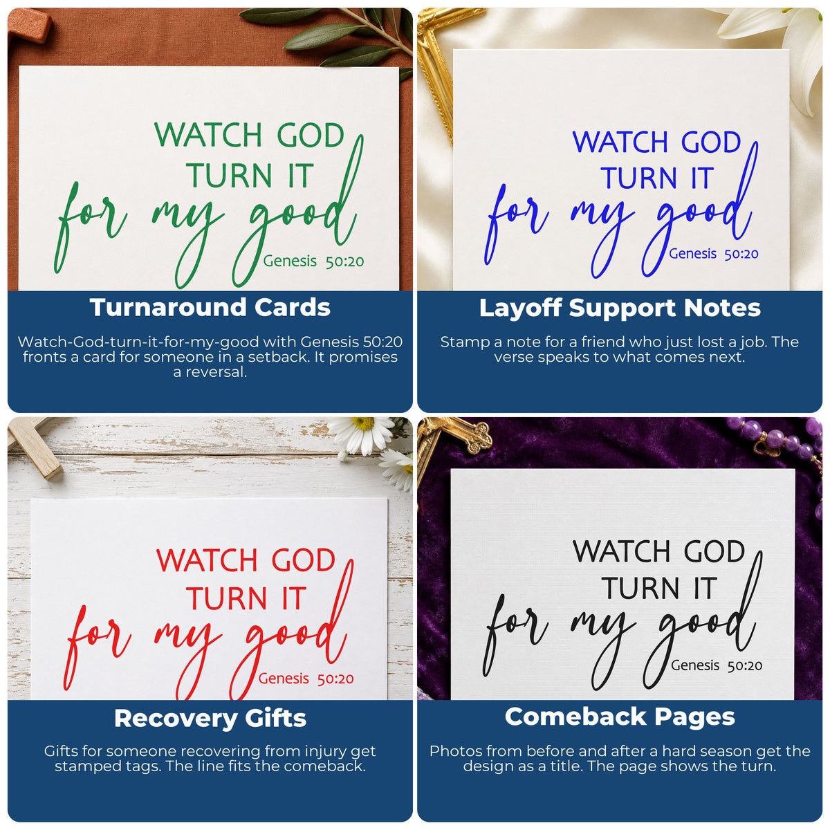 Four ways to use the Watch God Turn It For My Good Hand Stamp – Duo: turnaround cards, layoff support notes, recovery gifts and comeback pages.