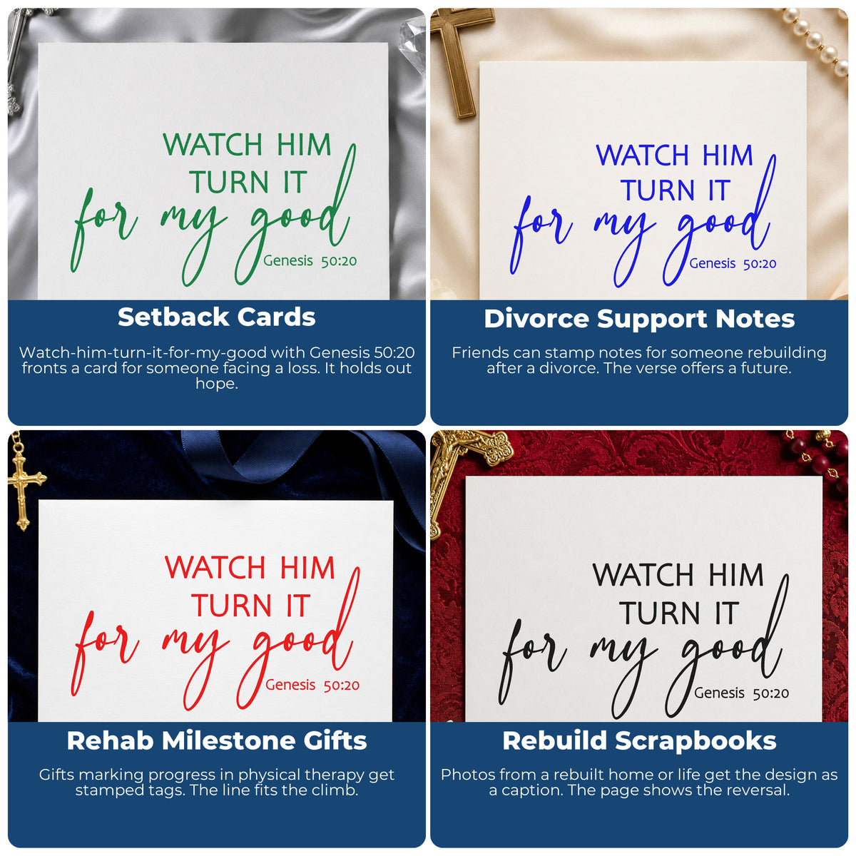 Four ways to use the Watch Him Turn It For Good Stamp – Duo Hand: setback cards, divorce support notes, rehab milestone gifts and rebuild scrapbooks.