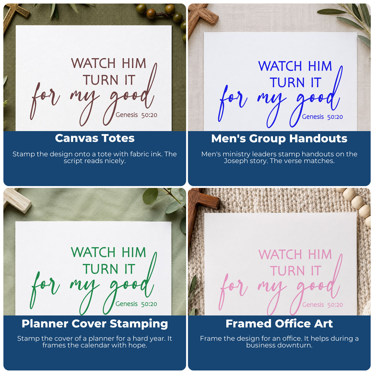 Four ways to use the Self-Inking Watch Him Turn It For Good Stamp: canvas totes, men's group handouts, planner cover stamping and framed office art.