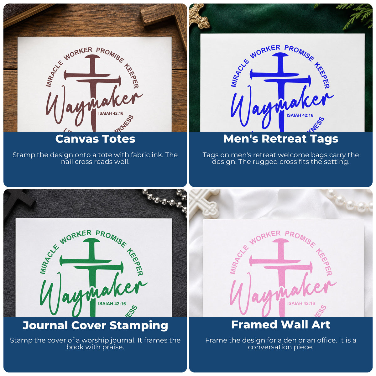 Four ways to use the Three-Nail Cross With Waymaker Script Premium Wooden Stamp - Vintage Pro: canvas totes, men's retreat tags, journal cover stamping and framed wall art.