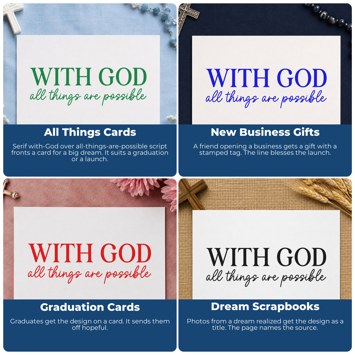 Four ways to use the Duo Hand With God All Things Are Possible Serif Lettering Rubber Stamp: all things cards, new business gifts, graduation cards and dream scrapbooks.