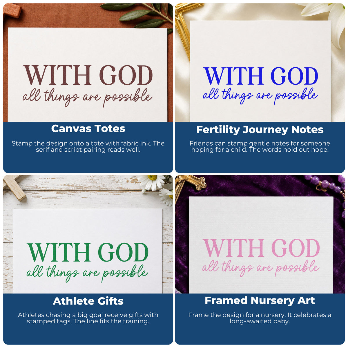 Four ways to use the Duo Hand With God All Things Are Possible Serif Lettering Rubber Stamp: canvas totes, fertility journey notes, athlete gifts and framed nursery art.