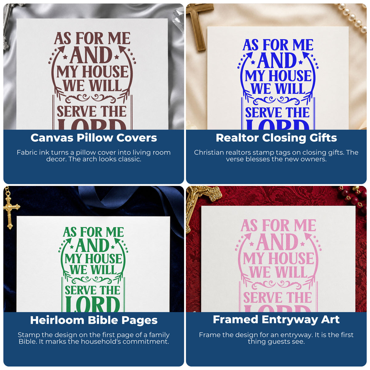 Four ways to use the As For Me And My House, We Will Serve The Lord Hand Stamp – Duo: canvas pillow covers, realtor closing gifts, heirloom bible pages and framed entryway art.