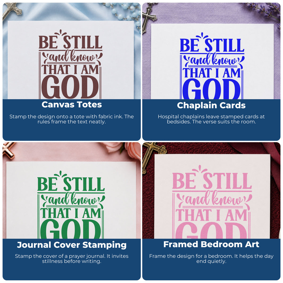 Four ways to use the Be Still And Know God Stamp - Premium Vintage Pro Wooden: canvas totes, chaplain cards, journal cover stamping and framed bedroom art.