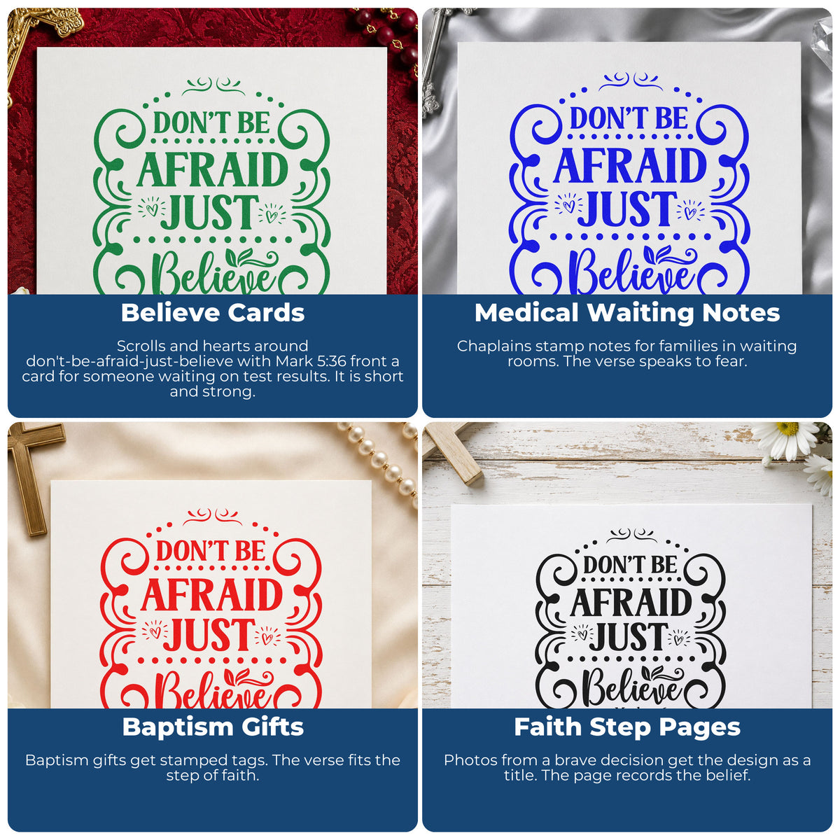 Four ways to use the Don't Be Afraid, Just Believe With Hearts Stamp – Wood Handle: believe cards, medical waiting notes, baptism gifts and faith step pages.