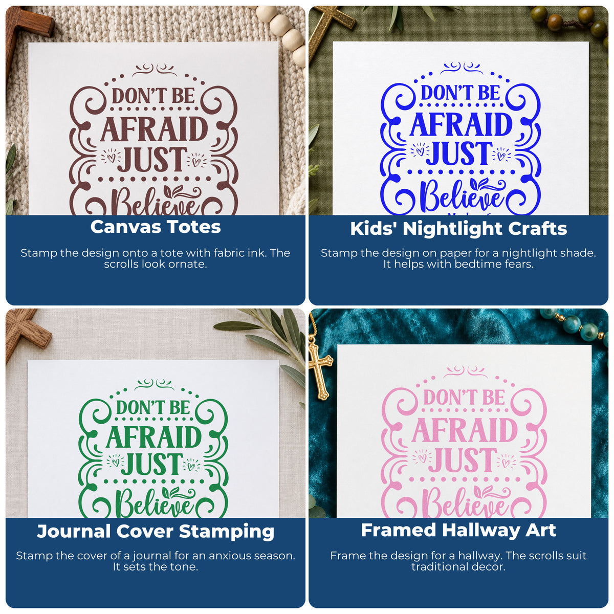 Four ways to use the Don't Be Afraid, Just Believe With Hearts Stamp – Wood Handle: canvas totes, kids' nightlight crafts, journal cover stamping and framed hallway art.