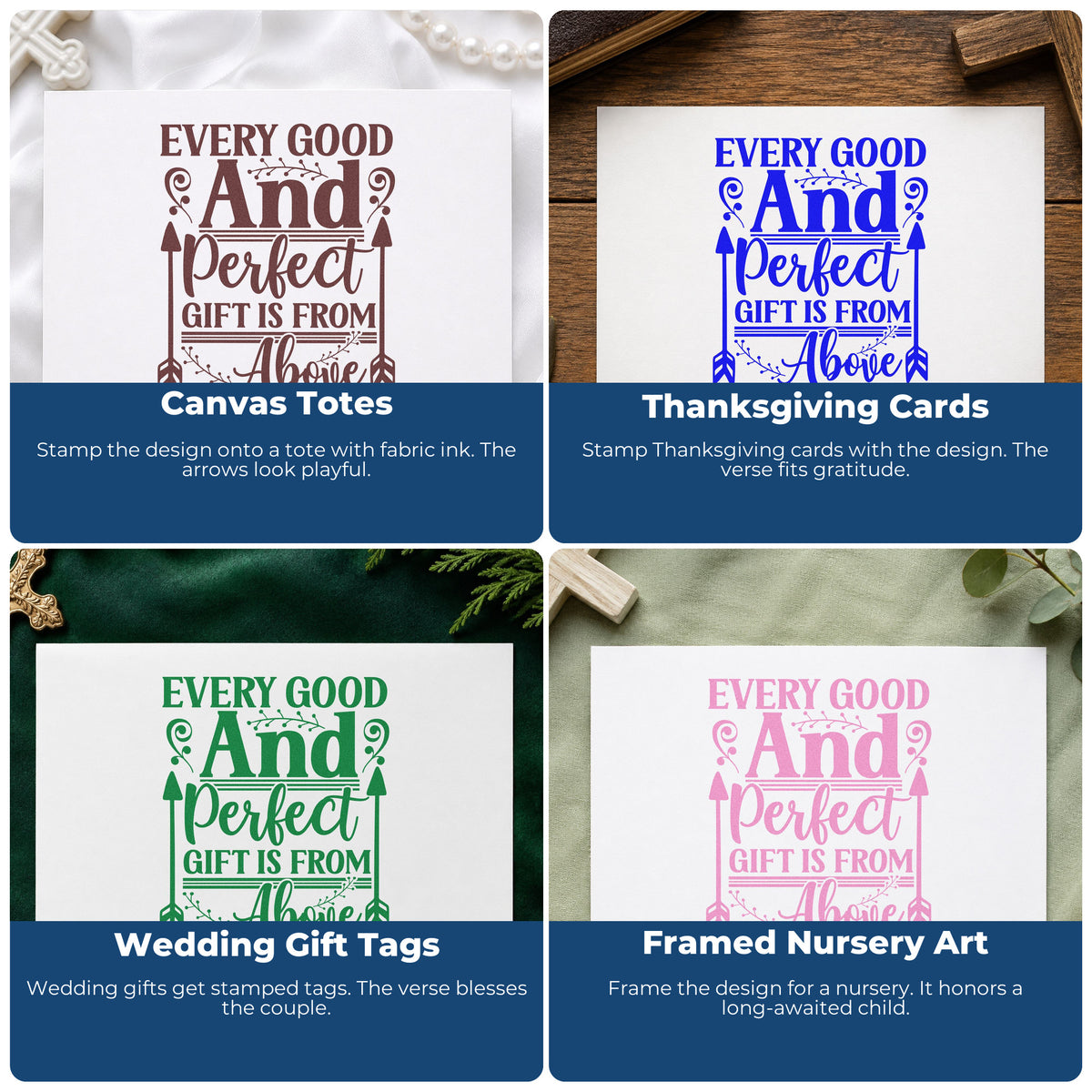 Four ways to use the Every Good And Perfect Gift Is From Above Rubber Stamp – Wood Handle: canvas totes, thanksgiving cards, wedding gift tags and framed nursery art.