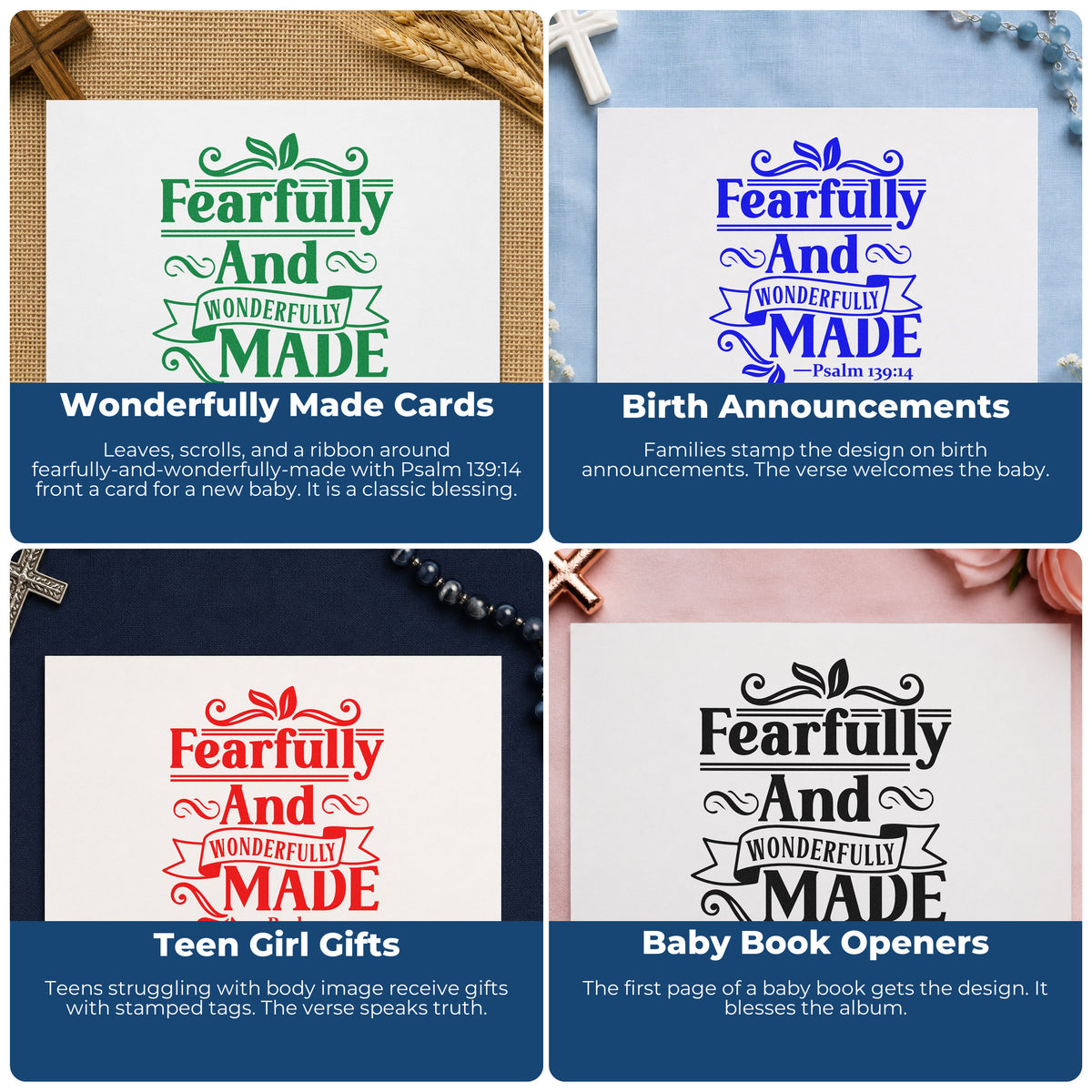Four ways to use the Fearfully And Wonderfully Made Leaf Accents Self-Inking Craft Stamp: wonderfully made cards, birth announcements, teen girl gifts and baby book openers.