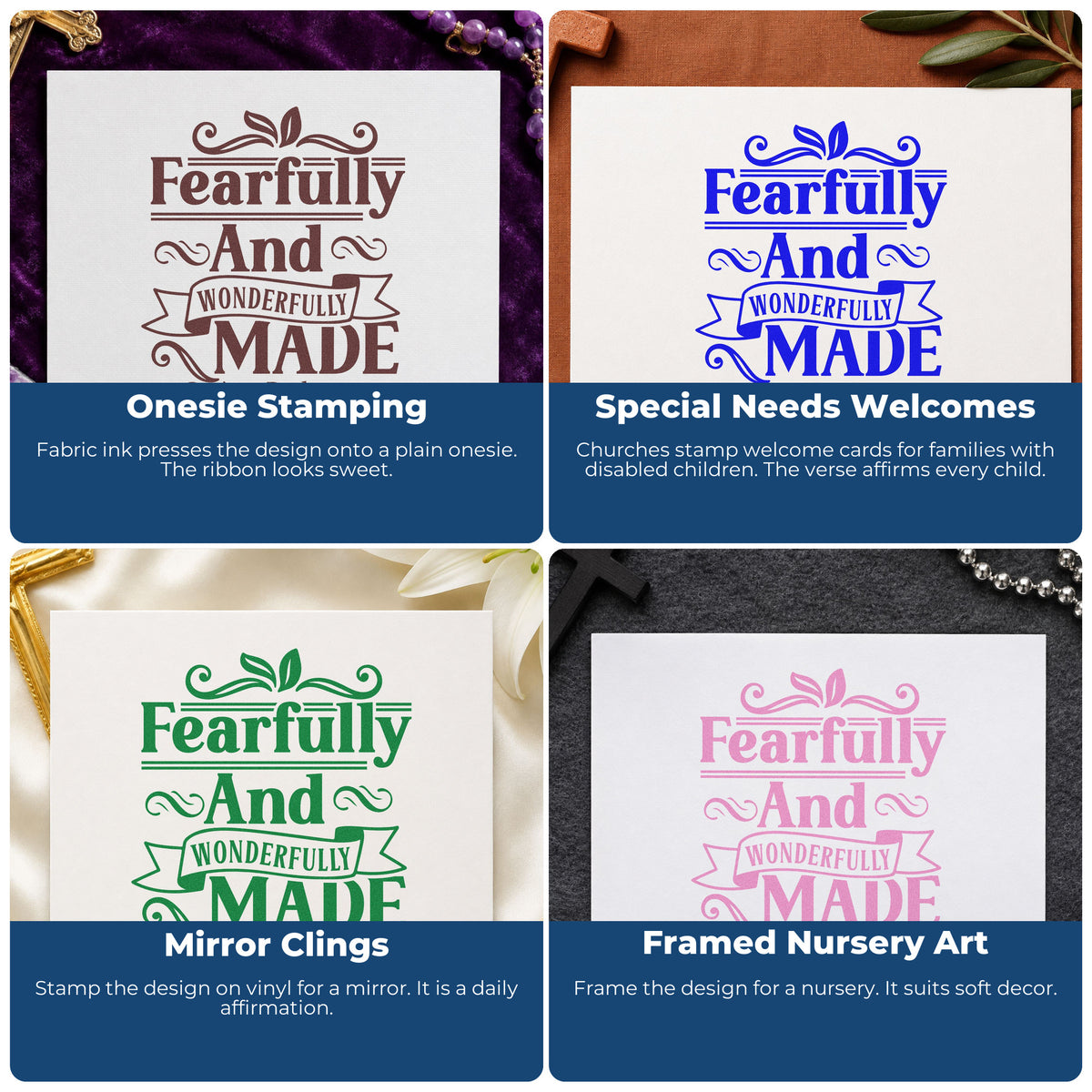 Four ways to use the Fearfully And Wonderfully Made Leaf Accents Self-Inking Craft Stamp: onesie stamping, special needs welcomes, mirror clings and framed nursery art.