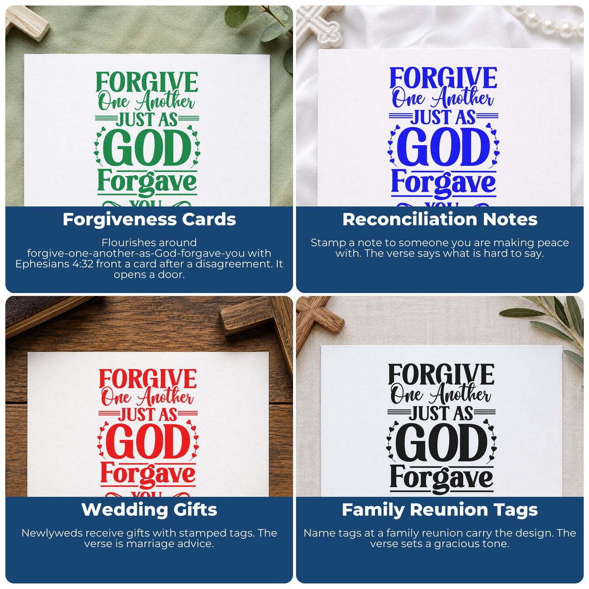 Four ways to use the Self-Inking Forgive One Another Stamp: forgiveness cards, reconciliation notes, wedding gifts and family reunion tags.