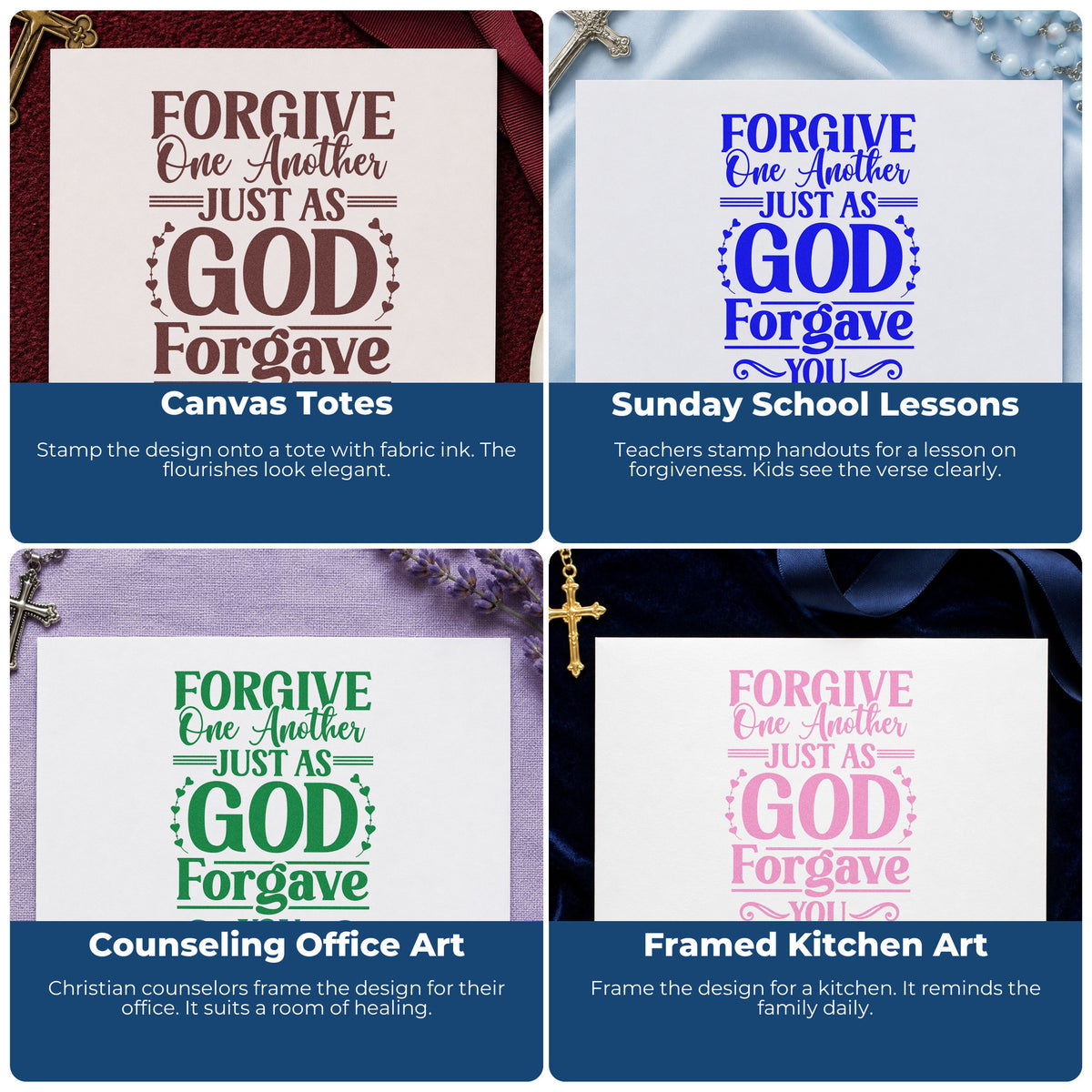 Four ways to use the Self-Inking Forgive One Another Stamp: canvas totes, sunday school lessons, counseling office art and framed kitchen art.