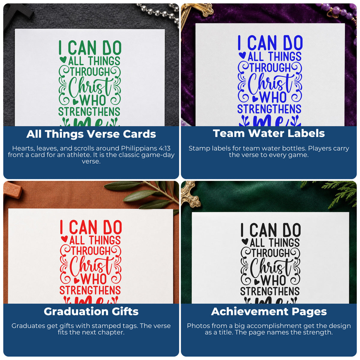 Four ways to use the I Can Do All Things Through Christ Who Strengthens Me PSI Pre-Inked Stamp: all things verse cards, team water labels, graduation gifts and achievement pages.