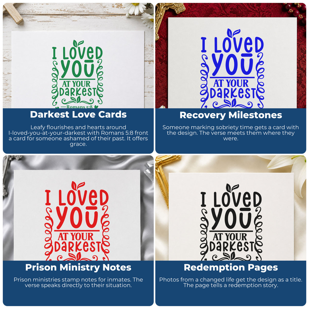 Four ways to use the Duo Hand I Loved You At Your Darkest Leaf Accents Rubber Stamp: darkest love cards, recovery milestones, prison ministry notes and redemption pages.
