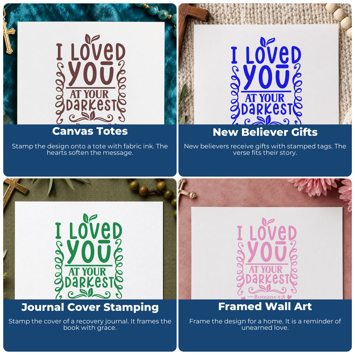 Four ways to use the I Loved You At Your Darkest Leaf Accents Self-Inking Stamp: canvas totes, new believer gifts, journal cover stamping and framed wall art.