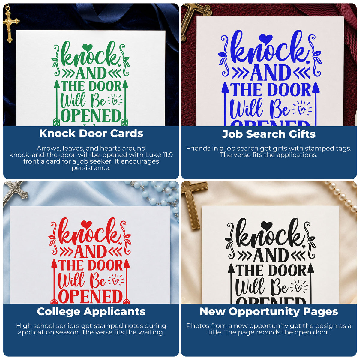 Four ways to use the Knock And The Door Will Open Stamp – Self-Inking: knock door cards, job search gifts, college applicants and new opportunity pages.
